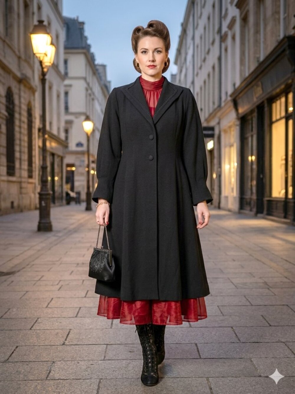 RARE c. 1940 black Saltaire swing coat w/ ribbon detail - Picture 2 of 16